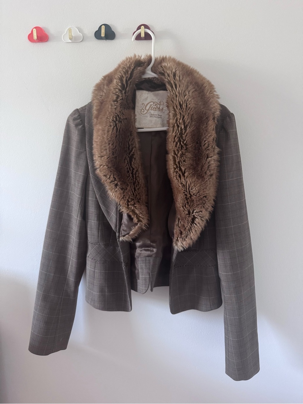 Joules Y2K Brown Plaid Blazer with Faux-Fur Collar
